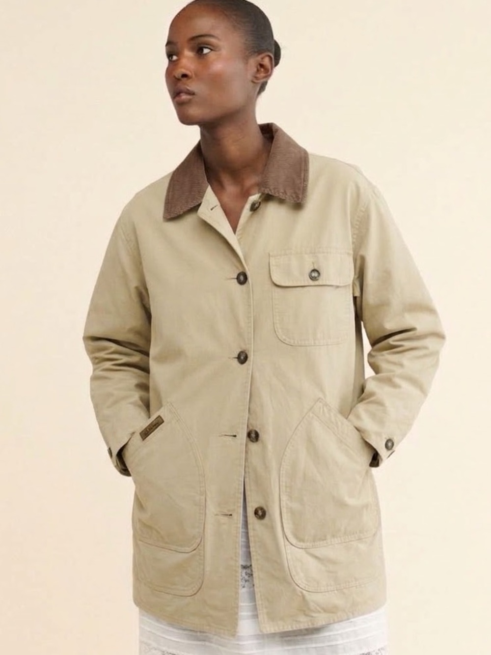 Vintage L.L. Bean Beige Barn Utility Chore Jacket with Brown Corduroy Collar